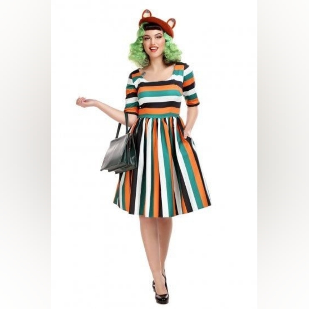 Unique Vintage/Collectif Amber Lea Pumpkin Stripe Dress Size M - Picture 6 of 16